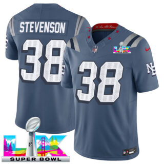 Men's New England Patriots #38 Rhamondre Stevenson Storm Blue 2025 F.U.S.E. Super Bowl LX Patch Rivalries Vapor Limited Stitched Football Jersey
