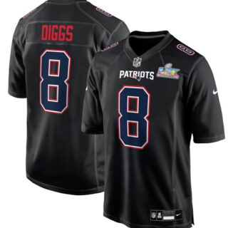 Men's New England Patriots #8 Stefon Diggs Black 2025 Super Bowl LX Patch Carbon Fashion Stitched Game Jersey