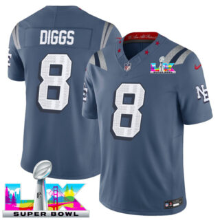 Men's New England Patriots #8 Stefon Diggs Storm Blue 2025 F.U.S.E. Super Bowl LX Patch Rivalries Vapor Limited Stitched Football Jersey