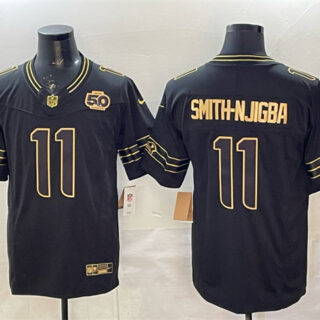 Men's Seattle Seahawks #11 Jaxon Smith-Njigba Black Gold 2025 F.U.S.E. 50th Season Patch Limited Stitched Football Jersey
