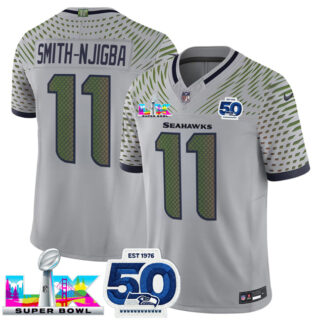 Men's Seattle Seahawks #11 Jaxon Smith-Njigba Grey 2025 F.U.S.E. Super Bowl LX Patch And 50th Season Patch Rivalries Vapor Limited Stitched Football Jersey
