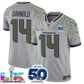 Men's Seattle Seahawks #14 Sam Darnold Grey 2025 F.U.S.E. Super Bowl LX Patch And 50th Season Patch Rivalries Vapor Limited Stitched Football Jersey