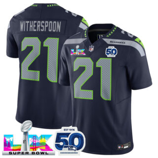 Men's Seattle Seahawks #21 Devon Witherspoon Navy 2025 F.U.S.E. Super Bowl LX Patch And 50th Season Patch Vapor Limited Stitched Football Jersey