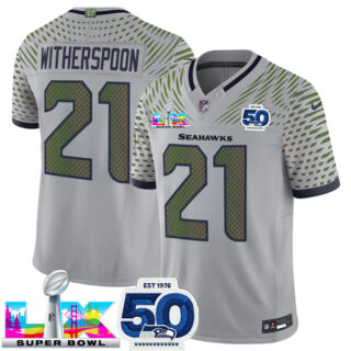 Men's Seattle Seahawks #21 Devon Witherspoon Royal 2025 F.U.S.E. Super Bowl LX Patch And 50th Season Patch Rivalries Vapor Limited Stitched Football Jersey