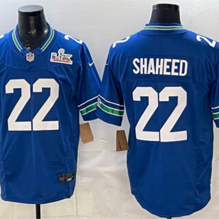 Men's Seattle Seahawks #22 Rashid Shaheed Royal 2025 F.U.S.E. Super Bowl LX Patch Vapor Throwback Limited Stitched Football Jersey