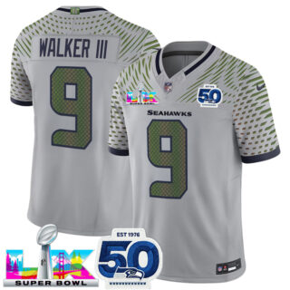 Men's Seattle Seahawks #9 Kenneth Walker III Grey 2025 F.U.S.E. Super Bowl LX Patch And 50th Season Patch Rivalries Vapor Limited Stitched Football Jersey