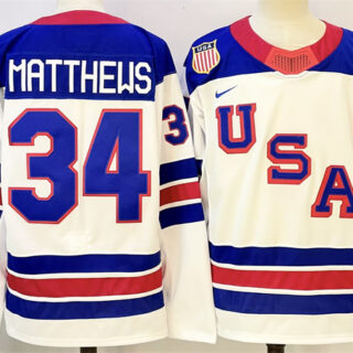 Men's USA #34 Auston Matthews White 2025-2026 Stitched Jersey