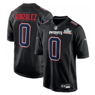 Men's New England Patriots #0 Christian Gonzalez Black Super Bowl LX Carbon Fashion Jersey
