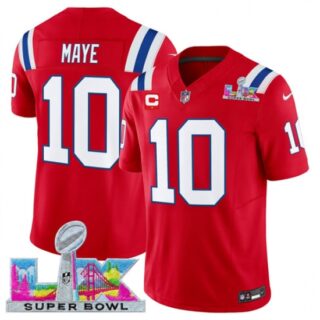 Men's New England Patriots #10 Drake Maye Red 2025 F.U.S.E. Super Bowl LX And 1-Star C Vapor Limited Football Stitched Jersey