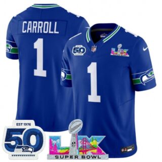 Men's Seattle Seahawks #1 Pete Carroll Royal 2025 F.U.S.E. Super Bowl LX And 50th Season Vapor Throwback Limited Football Stitched Jersey