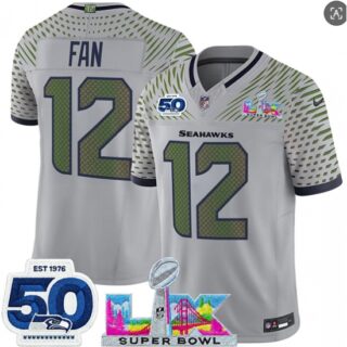 Men's Seattle Seahawks #12 Fan Gray 2025 F.U.S.E. Super Bowl LX And 50th Season Rivalries Vapor Limited Football Stitched Jersey