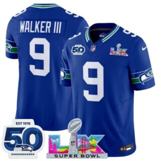 Men's Seattle Seahawks #9 Kenneth Walker III Royal 2025 F.U.S.E. Super Bowl LX And 50th Season Vapor Throwback Limited Football Stitched Jersey