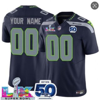 Men's Seattle Seahawks Active Player Custom Navy 2025 F.U.S.E. Super Bowl LX Patch And 50th Season Patch Vapor Limited Stitched Jersey