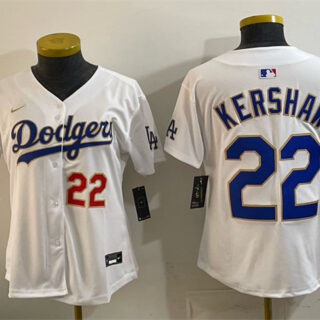 Women's Los Angeles Dodgers #22 Clayton Kershaw White 2025 World Series Champions Patch Limited Stitched Baseball Jersey(Run Small)