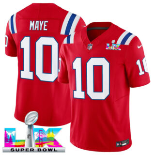 Women's New England Patriots #10 Drake Maye Red 2025 F.U.S.E. Super Bowl LX Patch Vapor Limited Stitched Football Jersey(Run Small)