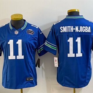 Women's Seattle Seahawks #11 Jaxon Smith-Njigba Royal 2024 F.U.S.E 50th Anniversary Patch Throwback Vapor Limited Stitched Football Jersey(Run Small)