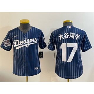 Youth Los Angeles Dodgers #17 Shohei Ohtani Navy Pinstripe 2025 World Series Champions Cool Base Stitched Baseball Jersey