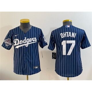 Youth Los Angeles Dodgers #17 Shohei Ohtani Navy Pinstripe 2025 World Series Champions Cool Base Stitched Baseball Jersey