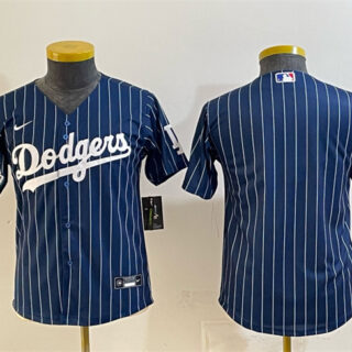 Youth Los Angeles Dodgers Blank Navy Pinstripe 2025 World Series Champions Patch Cool Base Stitched Baseball Jersey