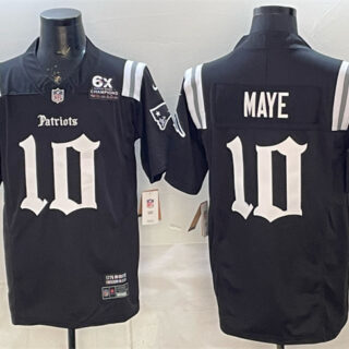 Men's New England Patriots #10 Drake Maye Black F.U.S.E. With 6x Super Bowl Champions Patch Gothic Revolution Edition Stitched Football Jersey