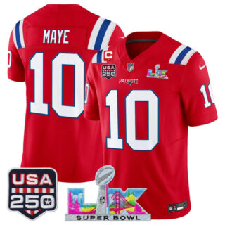 Men's New England Patriots #10 Drake Maye Red 2025 F.U.S.E. 1-Star C Patch And Super Bowl LX Patch & USA 250' Patch Vapor Limited Football Stitched Jersey