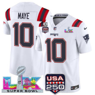 Men's New England Patriots #10 Drake Maye White 2025 F.U.S.E. 1-Star C Patch And Super Bowl LX Patch & USA 250' Patch Vapor Limited Football Stitched Jersey