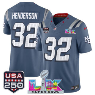 Men's New England Patriots #32 TreVeyon Henderson Storm Blue 2025 F.U.S.E. Super Bowl LX & USA 250' Patch Rivalries Vapor Limited Football Stitched Jersey