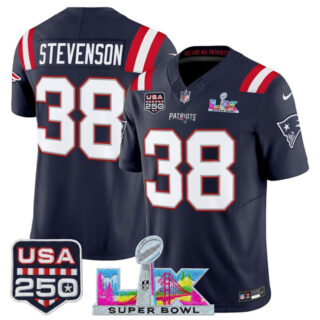 Men's New England Patriots #38 Rhamondre Stevenson Navy 2025 F.U.S.E. Super Bowl LX Patch And USA 250' Patch Vapor Limited Football Stitched Jersey