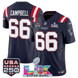 Men's New England Patriots #66 Will Campbell Navy 2025 F.U.S.E. Super Bowl LX Patch And USA 250' Patch Vapor Limited Football Stitched Jersey