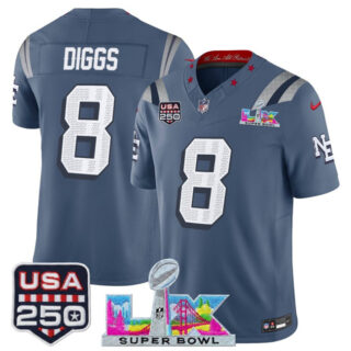 Men's New England Patriots #8 Stefon Diggs Storm Blue 2025 F.U.S.E. Super Bowl LX & USA 250' Patch Rivalries Vapor Limited Football Stitched Jersey