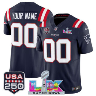Men's New England Patriots Active Player Custom Navy 2025 F.U.S.E. Super Bowl LX & USA 250' Patch Vapor Limited Football Stitched Jersey