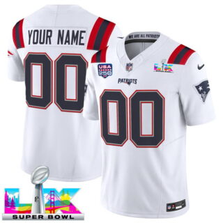 Men's New England Patriots Active Player Custom White 2025 F.U.S.E. Super Bowl LX & US 250th anniversary Patch Vapor Limited Stitched Football Jersey