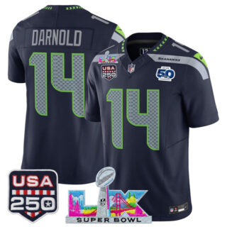 Men's Seattle Seahawks #14 Sam Darnold Navy 2025 F.U.S.E. Super Bowl LX Patch And 50th Season & USA 250' Patch Vapor Throwback Limited Stitched Football Jersey