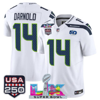 Men's Seattle Seahawks #14 Sam Darnold White 2025 F.U.S.E. Super Bowl LX Patch And 50th Season & USA 250' Patch Vapor Limited Football Stitched Jersey