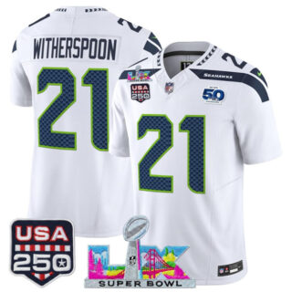 Men's Seattle Seahawks #21 Devon Witherspoon White 2025 F.U.S.E. Super Bowl LX Patch And 50th Season & USA 250' Patch Vapor Limited Football Stitched Jersey