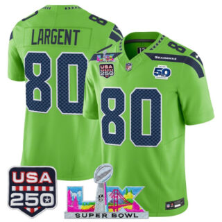 Men's Seattle Seahawks #80 Steve Largent Green 2025 F.U.S.E. Super Bowl LX Patch And 50th Season & USA 250' Patch Vapor Limited Football Stitched Jersey