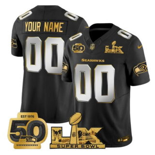 Men's Seattle Seahawks Active Player Custom Black 2025 F.U.S.E. Super Bowl LX Patch And 50th Season Patch Vapor Limited Stitched Football Jersey