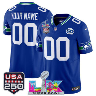 Men's Seattle Seahawks Active Player Custom Royal 2025 F.U.S.E. Super Bowl LX & US 250th anniversary Patch And 50th Season Patch Vapor Throwback Limited Football Stitched Jersey