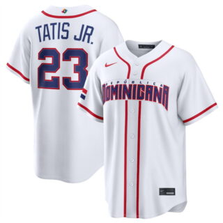 Men's Dominican Republic Baseball #23 Fernando Tatis Jr. White 2026 World Baseball Classic Home Stadium Stitched Jersey