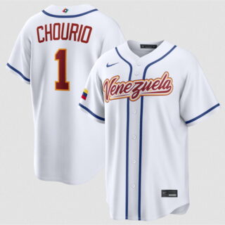 Men's Venezuela Baseball #1 Jackson Chourio White 2026 World Baseball Classic Home Stadium Stitched Jersey
