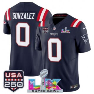 Men's New England Patriots #0 Christian Gonzalez Navy 2025 F.U.S.E. Super Bowl LX And USA 250 Vapor Limited Football Stitched Jersey
