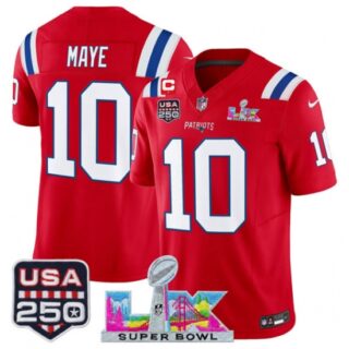 Men's New England Patriots #10 Drake Maye Red 2025 F.U.S.E. 1-Star C And Super Bowl LX and USA 250 Vapor Limited Football Stitched Jersey