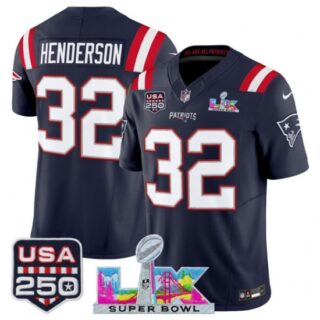Men's New England Patriots #32 TreVeyon Henderson Navy 2025 F.U.S.E. Super Bowl LX And USA 250 Vapor Limited Football Stitched Jersey