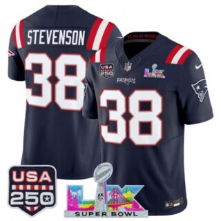 Men's New England Patriots #38 Rhamondre Stevenson Navy 2025 F.U.S.E. Super Bowl LX And USA 250 Vapor Limited Football Stitched Jersey