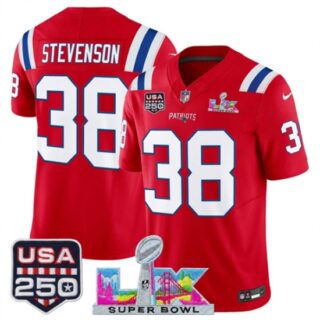 Men's New England Patriots #38 Rhamondre Stevenson Red 2025 F.U.S.E. Super Bowl LX And USA 250 Vapor Limited Football Stitched Jersey