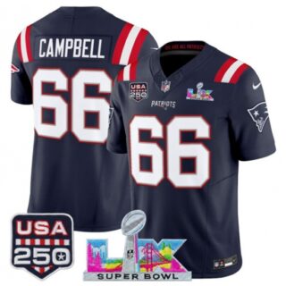 Men's New England Patriots #66 Will Campbell Navy 2025 F.U.S.E. Super Bowl LX And USA 250 Vapor Limited Football Stitched Jersey