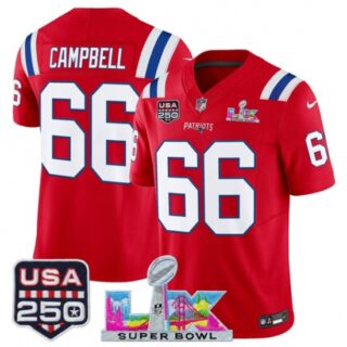 Men's New England Patriots #66 Will Campbell Red 2025 F.U.S.E. Super Bowl LX And USA 250 Vapor Limited Football Stitched Jersey