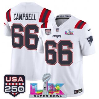 Men's New England Patriots #66 Will Campbell White 2025 F.U.S.E. Super Bowl LX And USA 250 Vapor Limited Football Stitched Jersey
