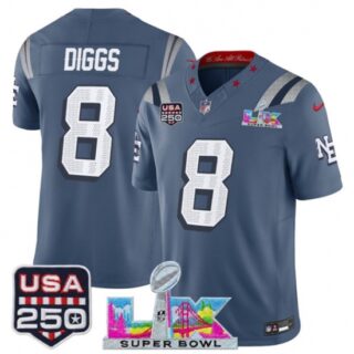 Men's New England Patriots #8 Stefon Diggs Storm Blue 2025 F.U.S.E. Super Bowl LX and USA 250 Rivalries Vapor Limited Football Stitched Jersey