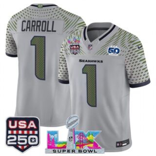 Men's Seattle Seahawks #1 Pete Carroll Gray 2025 F.U.S.E. Super Bowl LX and US 250th anniversary And 50th Season Rivalries Vapor Limited Football Stitched J